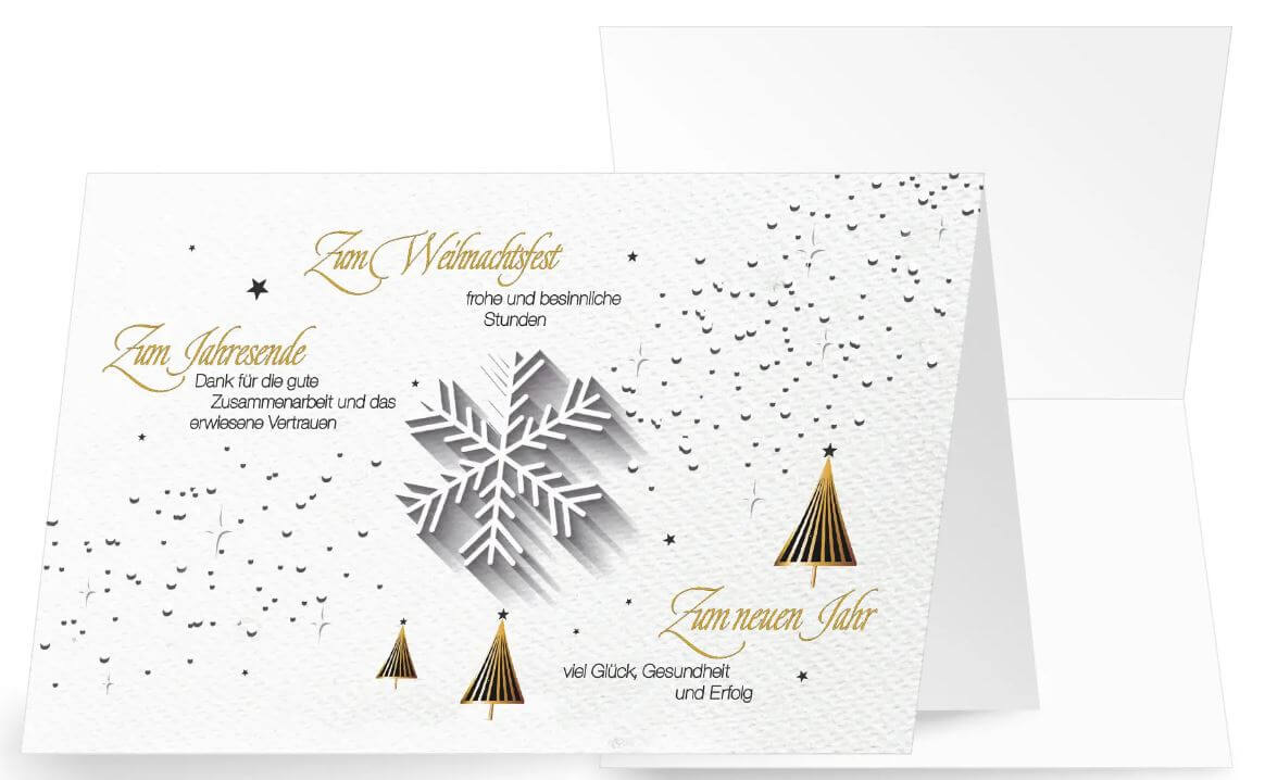 Firmen-Weihnachtskarte mit Schneeflocken und Bäumen sowie geschäftlichen Grüßen