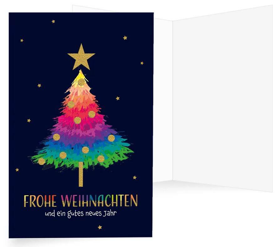 Moderne Spenden-Weihnachtskarte mit Baum in Regenbogenfarben für Ärzte ohne Grenzen