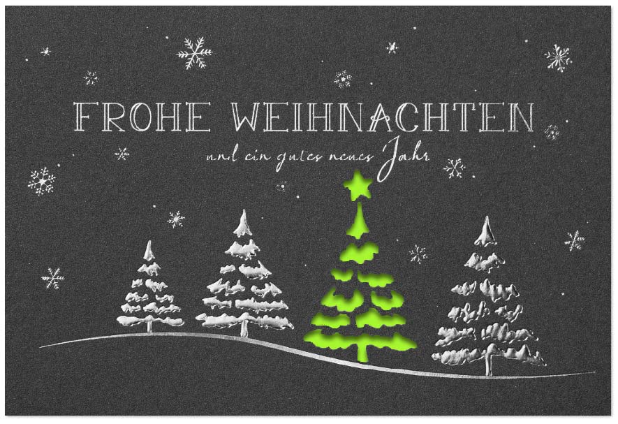 Edle Weihnachtskarte in anthrazit-metallic mit Silberprägung, Stanzung und hellgrünem Falteinleger