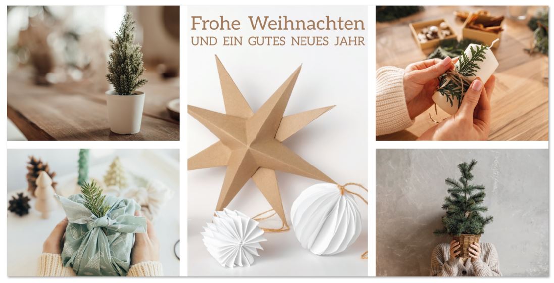 Weihnachtskarte mit Weihnachtsgruß und Fotocollage von Weihnachtsbaum und Stern