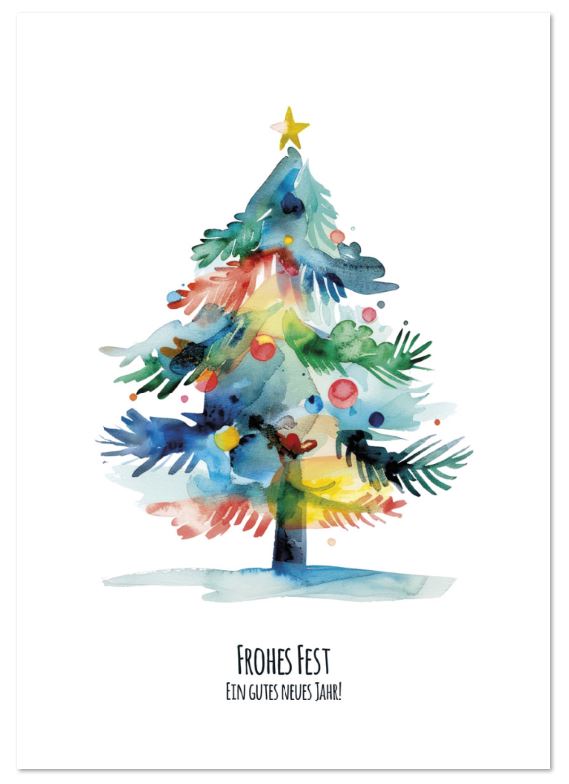 Farbenfrohe Weihnachts-Spendenkarte mit Weihnachtsbaum und Gruß zugunsten der Deutschen Kinder-Krebs-Stiftung