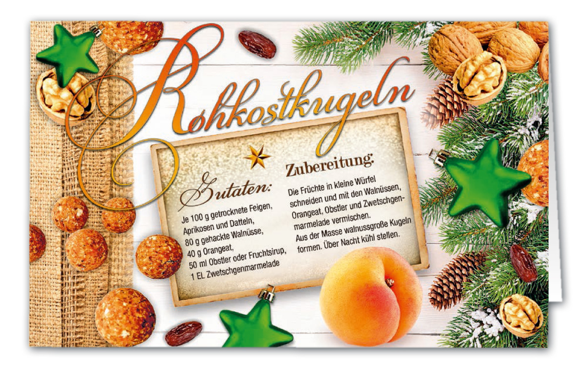 Rezeptweihnachtskarte als Duftkarte mit Zubereitung und Zutatenliste für Rohkostkugeln