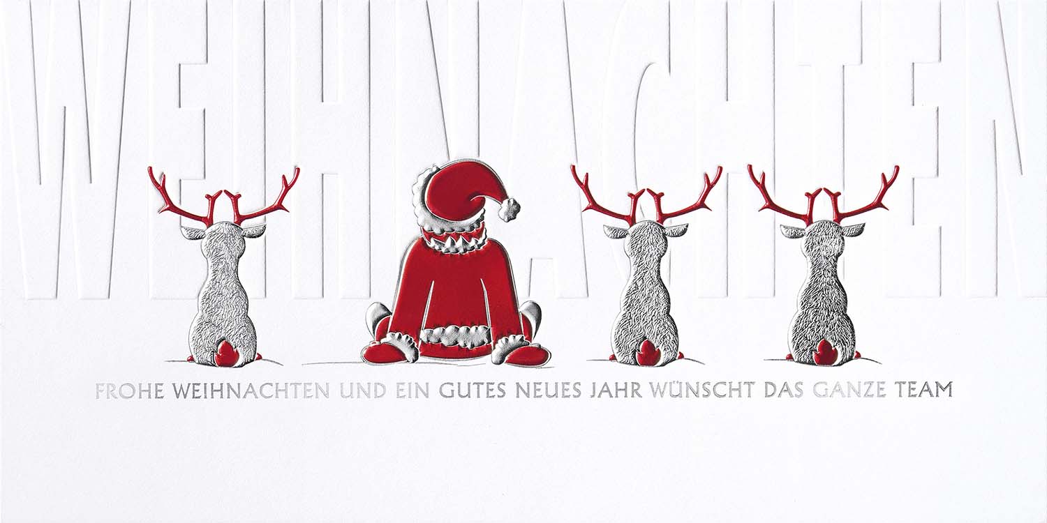 Humorvolle Team-Weihnachtskarte DIN lang mit gutem Zweck: Kindernothilfe