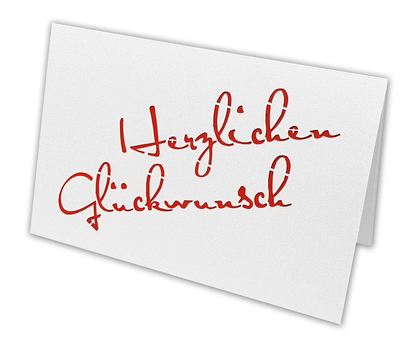 Weiße Metallic-Glückwunschkarte mit Ausstanzung "Herzlichen Glückwunsch" und Einlegeblatt in rot / weiß