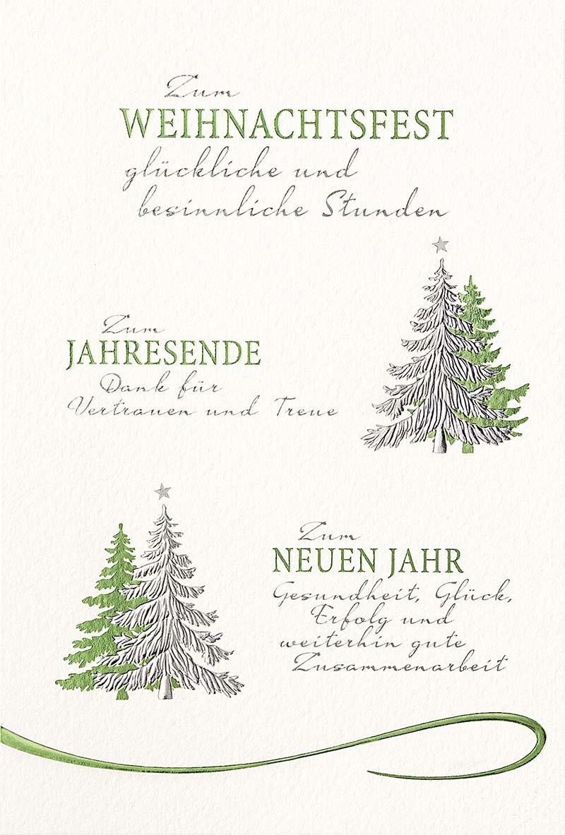 Cremeweiße Weihnachtskarte mit silberner und grüner Folienprägung und Firmengruß