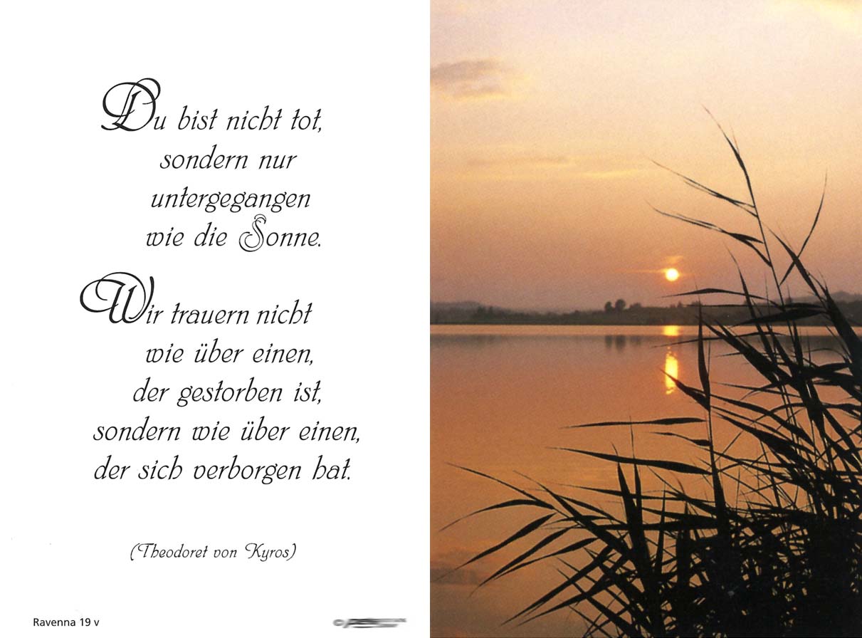 Vorderseite und Rückseite mit Zitat von Theodoret von Kyros "Du bist nicht tot, sondern nur untergegangen wie die Sonne"