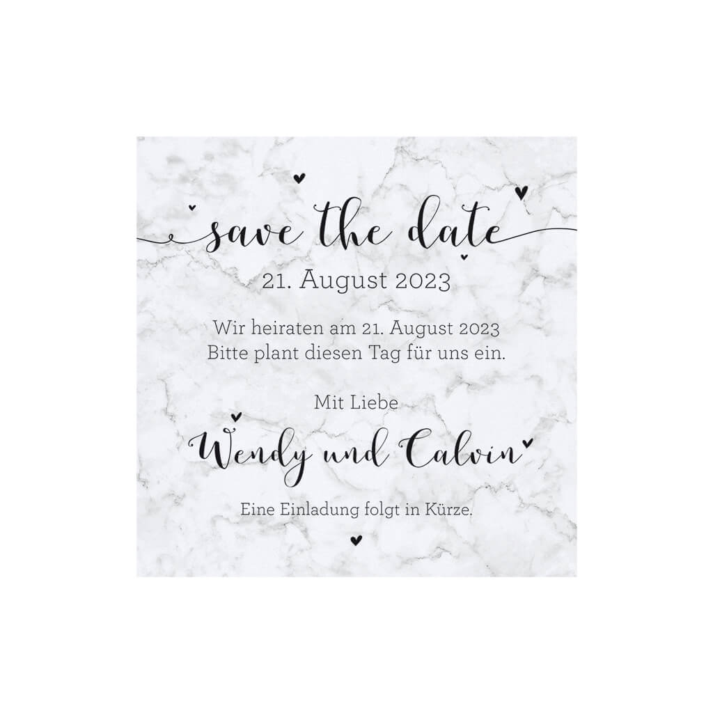 Marmorierte Dankkarte oder Save the Date Karte quadratisch mit Beispieldruck