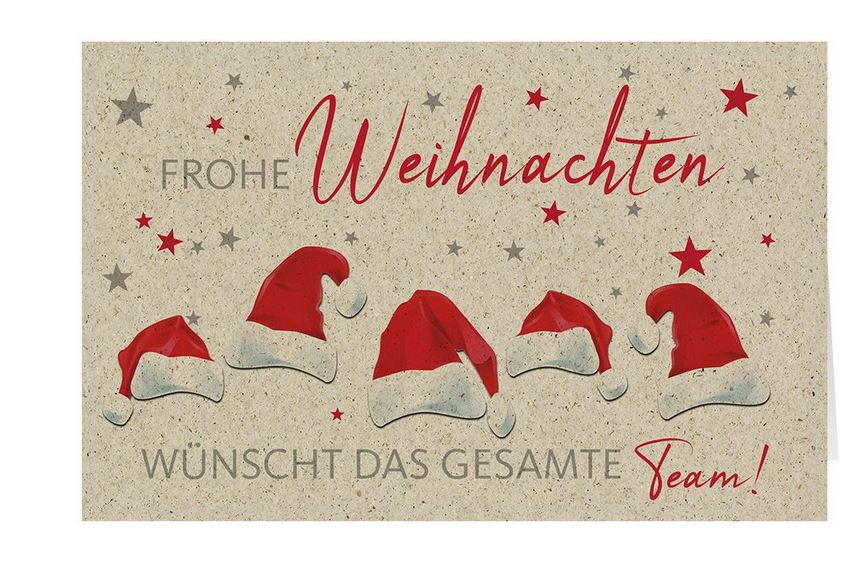 Fröhliche Team-Weihnachtskarte für Firmen aus naturbraunem Graspapierkarton mit roten Mützen