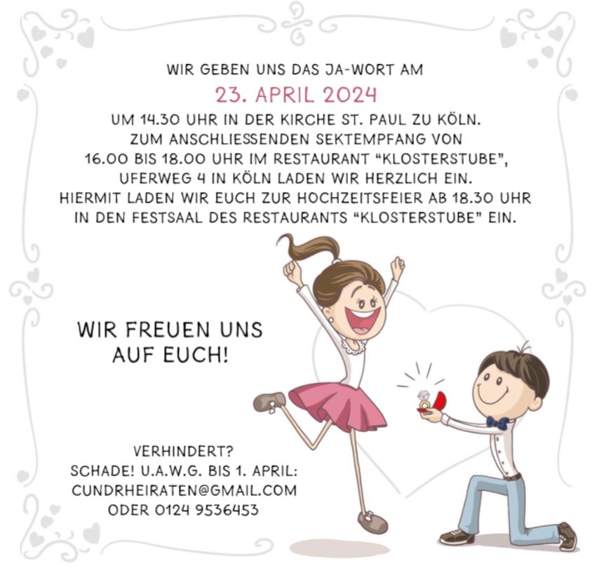 Seite 2 der lustigen Zick-Zack Leporello Einladungskarte zur Hochzeit mit Hochzeitsantrag Comic Karikatur Geschichte