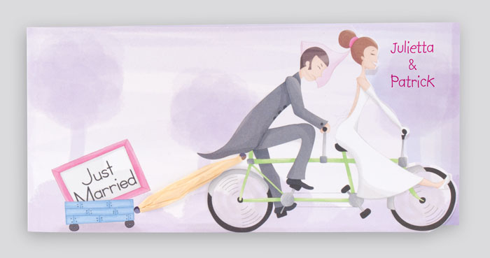 Hochzeitskarte Brautpaar auf Tandem-Fahrrad Just Married ja466