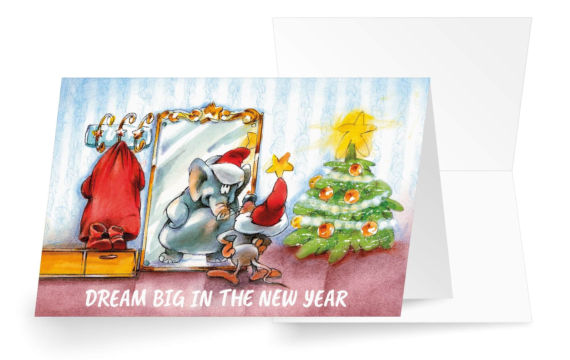 Bunte Neujahrskarte "Dream big in the new year" mit passendem Motiv Rentier hinter Spiegel