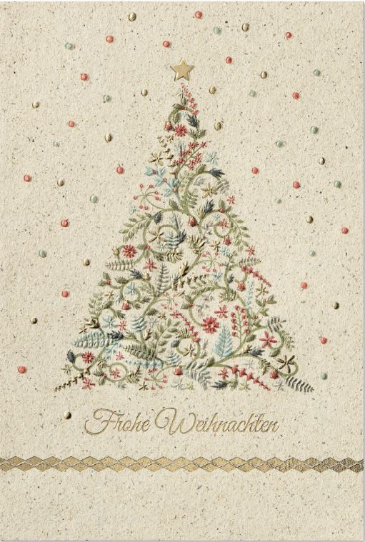 Naturbraune Weihnachtskarte mit Folienprägung, Weihnachtsgruß und floralem Baum inkl. Einleger