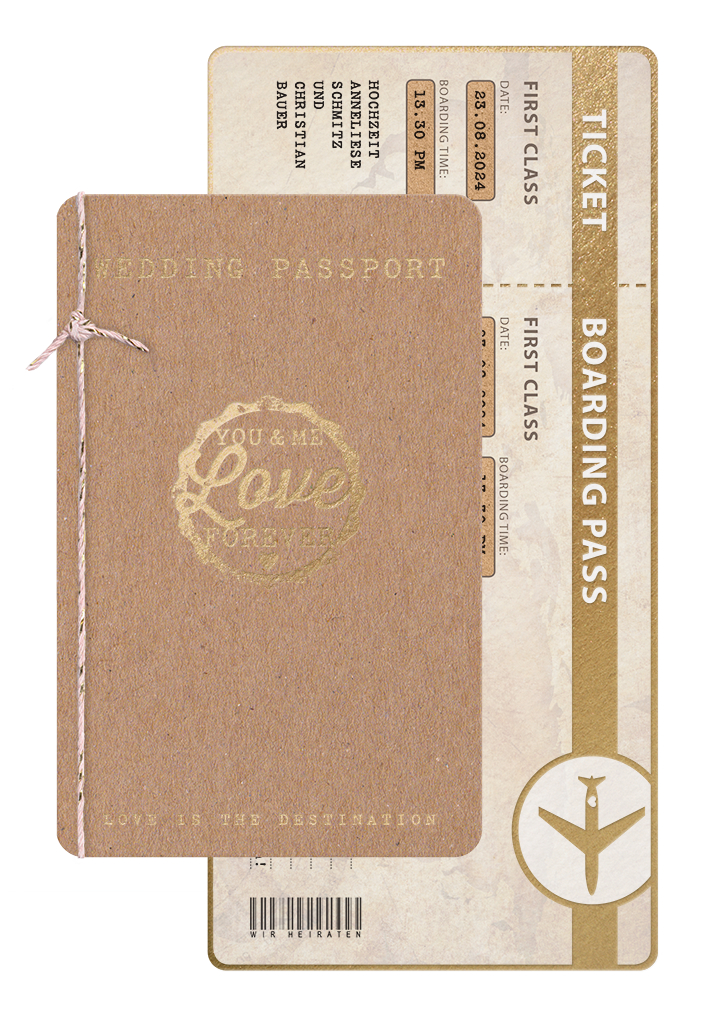 Naturbraune Hochzeitskarte als Wedding-Passport mit Bändchen und Boarding-Ticket und eigenem Foto