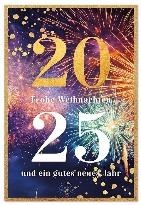 Festliche Weihnachtsgrußkarte mit Jahreszahl 2025 und prächtigem Feuerwerk