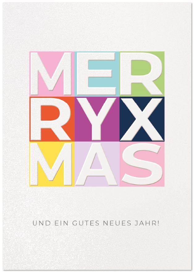 Moderne Weihnachtskarte "Merry Xmas" in knalligen Farben auf weißem Metallic-Karton