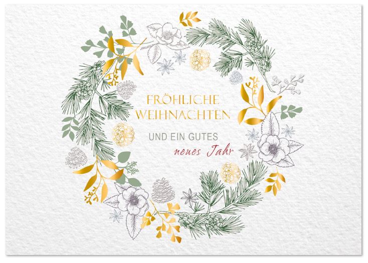 Florale Weihnachtskarte mit edlem Kranz und weihnachtlichen Grüßen aus Strukturkarton in weiß