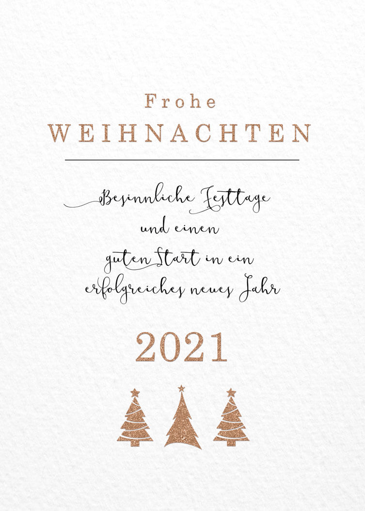 Weiße Weihnachtskarte mit edler Goldfolienprägung von geschäftlichen Grüßen mit Jahreszahl 2021