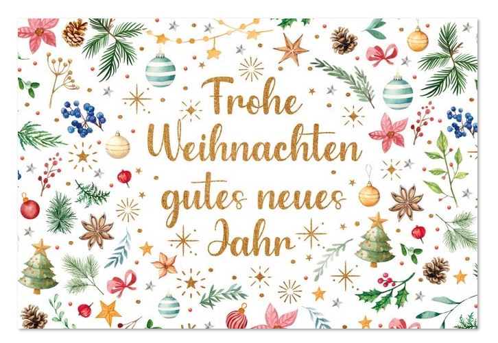 Farbenfrohe Weihnachtskarte mit Gruß und weihnachtlicher Dekoration für: Deutscher Kinderschutzbund e.V.