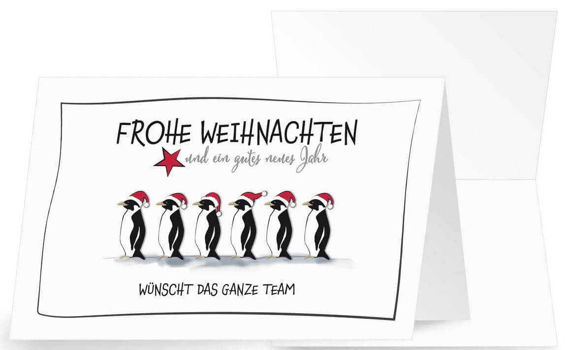 Fröhliche Team-Weihnachtskarte mit Weihnachtspinguinen und rotem Stern