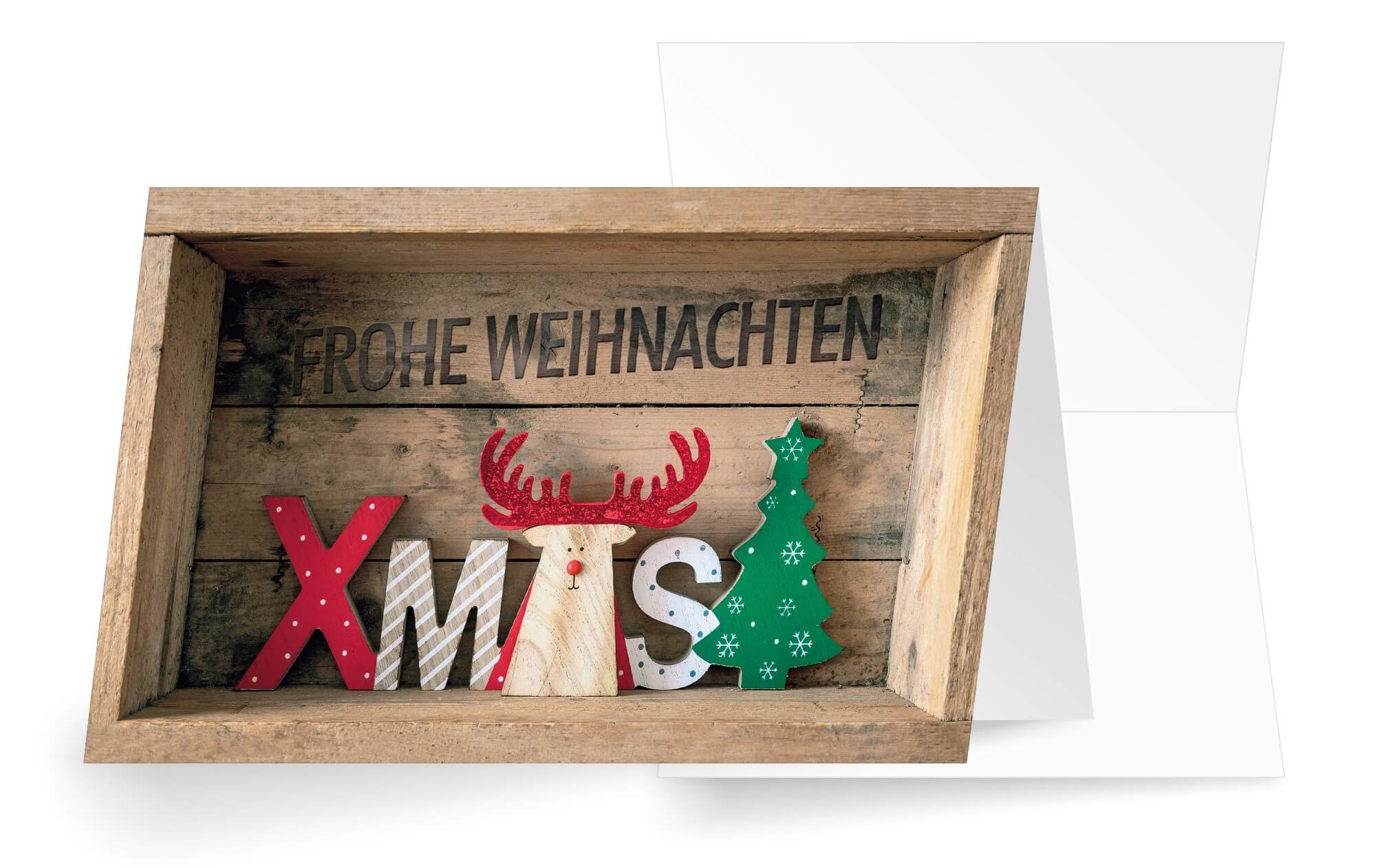 Weihnachtskarte mit brauner Holzkiste und X-MAS zugunsten: Ärzte ohne Grenzen