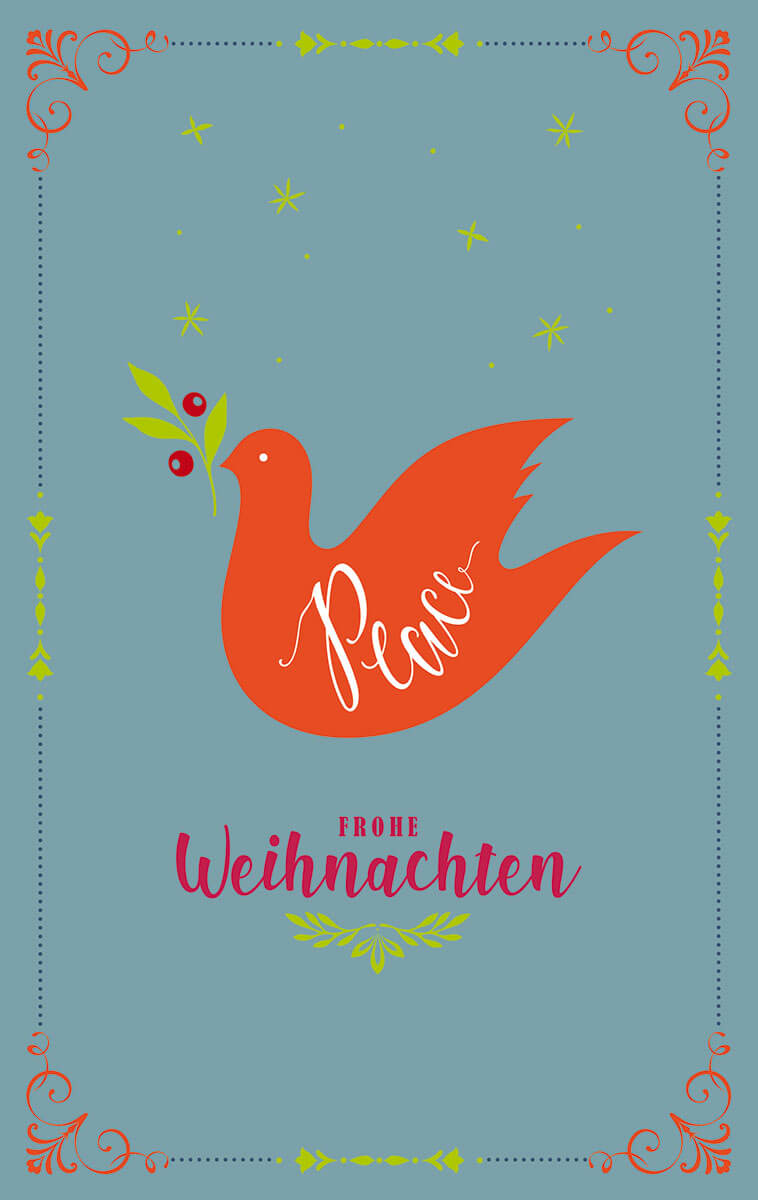 Weihnachtskarte mit Friedensbotschaft "Peace" und Friedenstaube