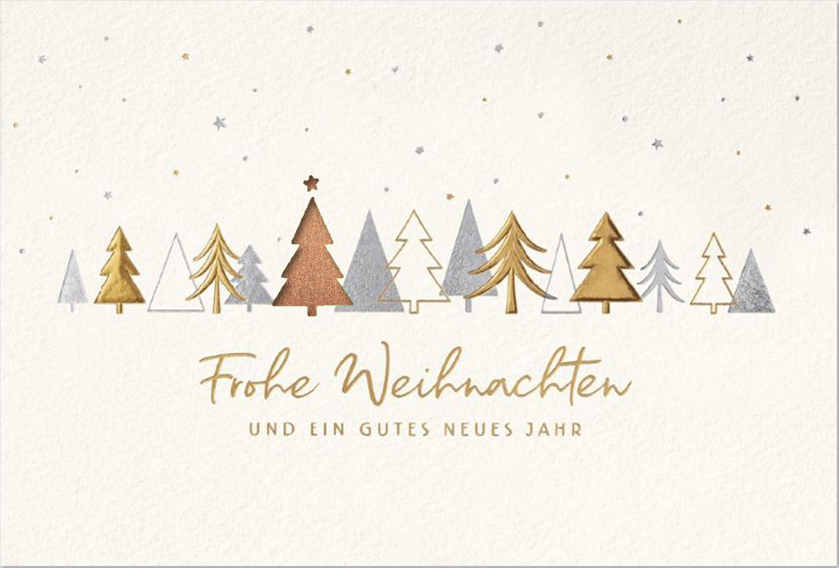 Weiße Weihnachtskarte mit Folienprägung gold und silber, Stanzung Baum und Einleger in kupfer