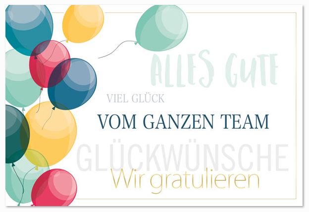 Fröhliche, farbenfrohe Glückwunschkarte mit Gruß vom ganzen Team und Luftballons