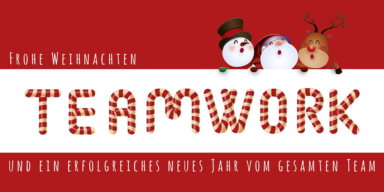 Geschäftliche Team-Weihnachtskarte mit lustigem Glanzdruck und Grüßen vom gesamten Team