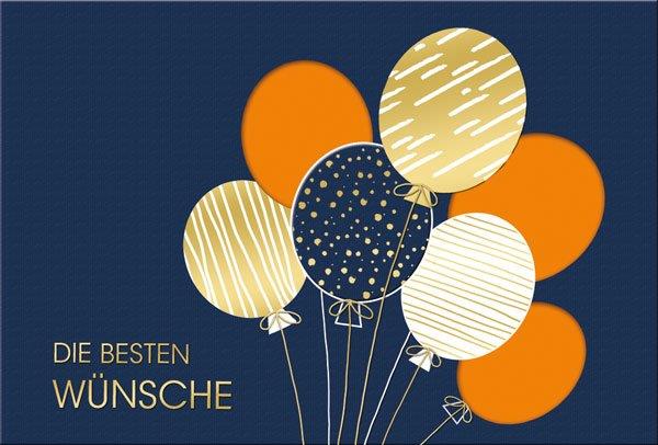 Fröhliche Glückwunschkarte in blau mit Luftballons und Formstanzung, Einlegeblatt orange 