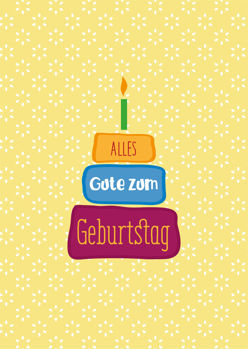 Fröhliche Geburtstagskarte mit Glückwünschen, Torte und Blümchenmuster