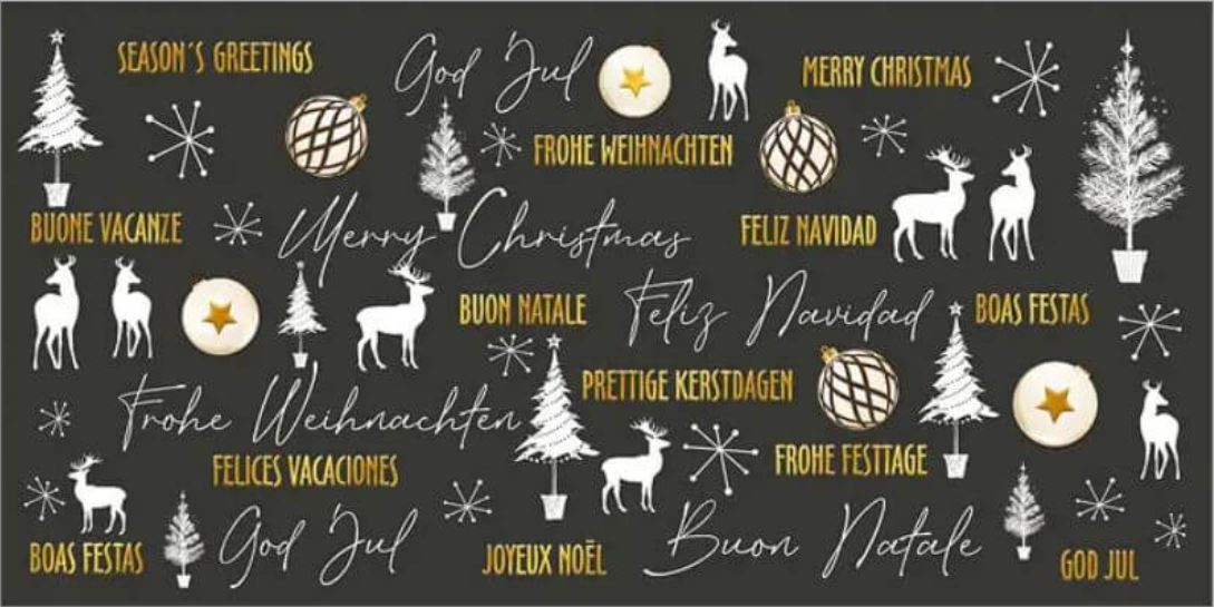 Weihnachtskarte im DIN lang Format mit internationalen Grüßen, Hirschen, Kugeln und Bäumen