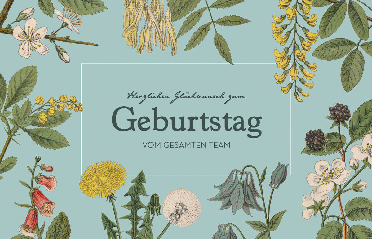 Geburtstagsglückwünsche vom gesamten Team mit Blüten, Beeren und Blättern