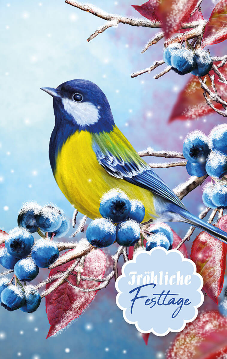 Tierische Weihnachtskarte mit Blaumeise auf Schlehenzweig und Fröhliche Festtage als Gruß