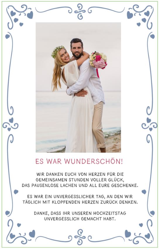 Dankkarte nach Hochzeit mit Gestaltungsvorschlag für den Rückseitendruck mit eigenem Foto