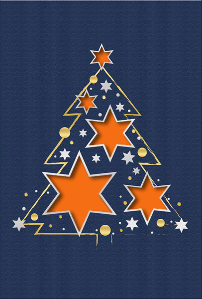 Blaue Weihnachtskarte mit Stanzung Sterne, Silber- und Goldprägung sowie Einleger in orange