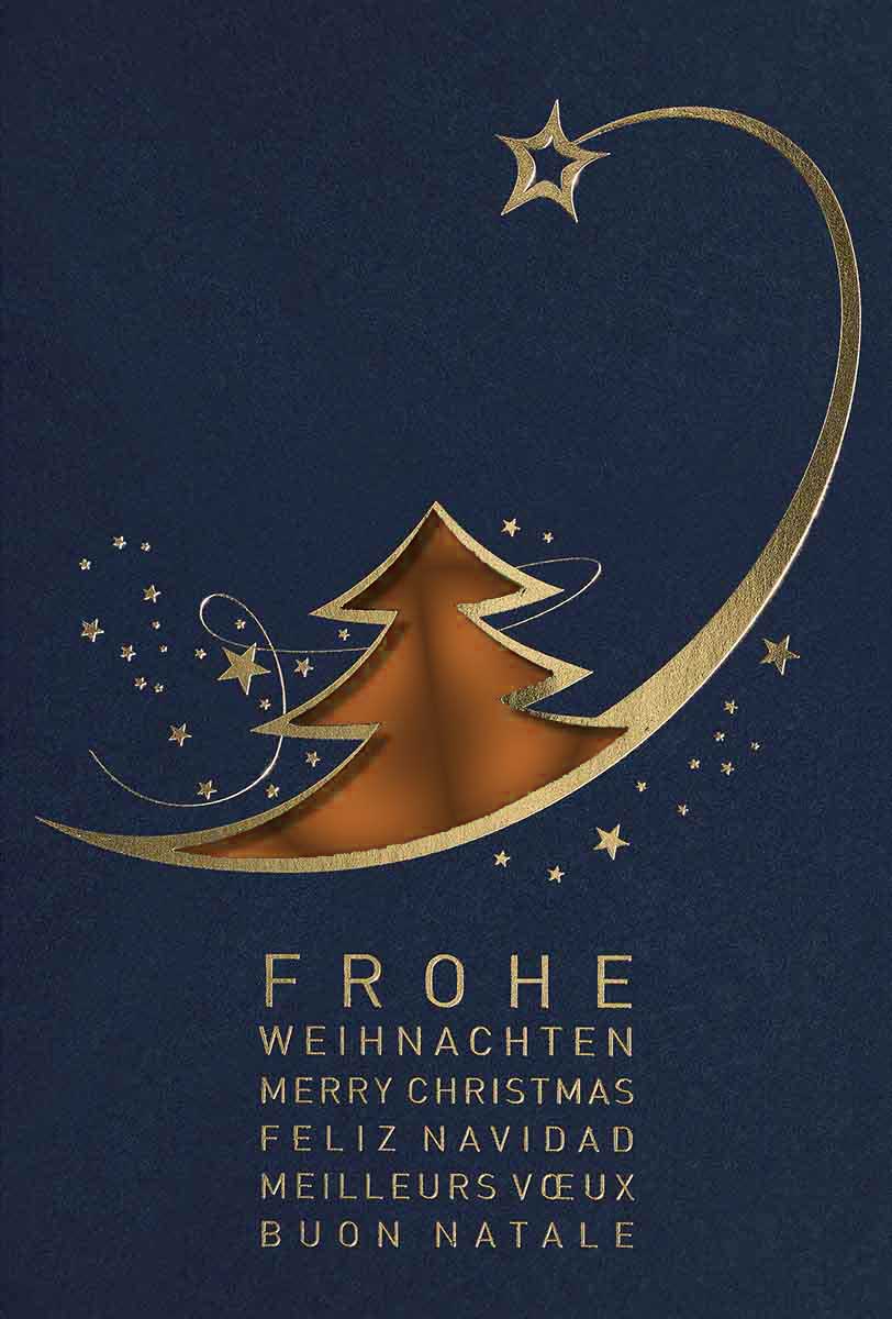 Internationale Stanz-Weihnachtskartein blau mit goldenen Sternen und kupferfarbenem Einlegeblatt