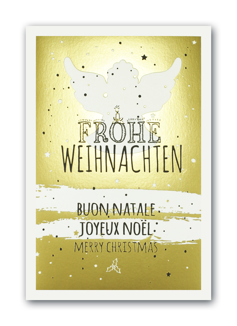 Weihnachtsgrußkarte in gold mit Engel und Frohe Weihnachten in mehreren Sprachen