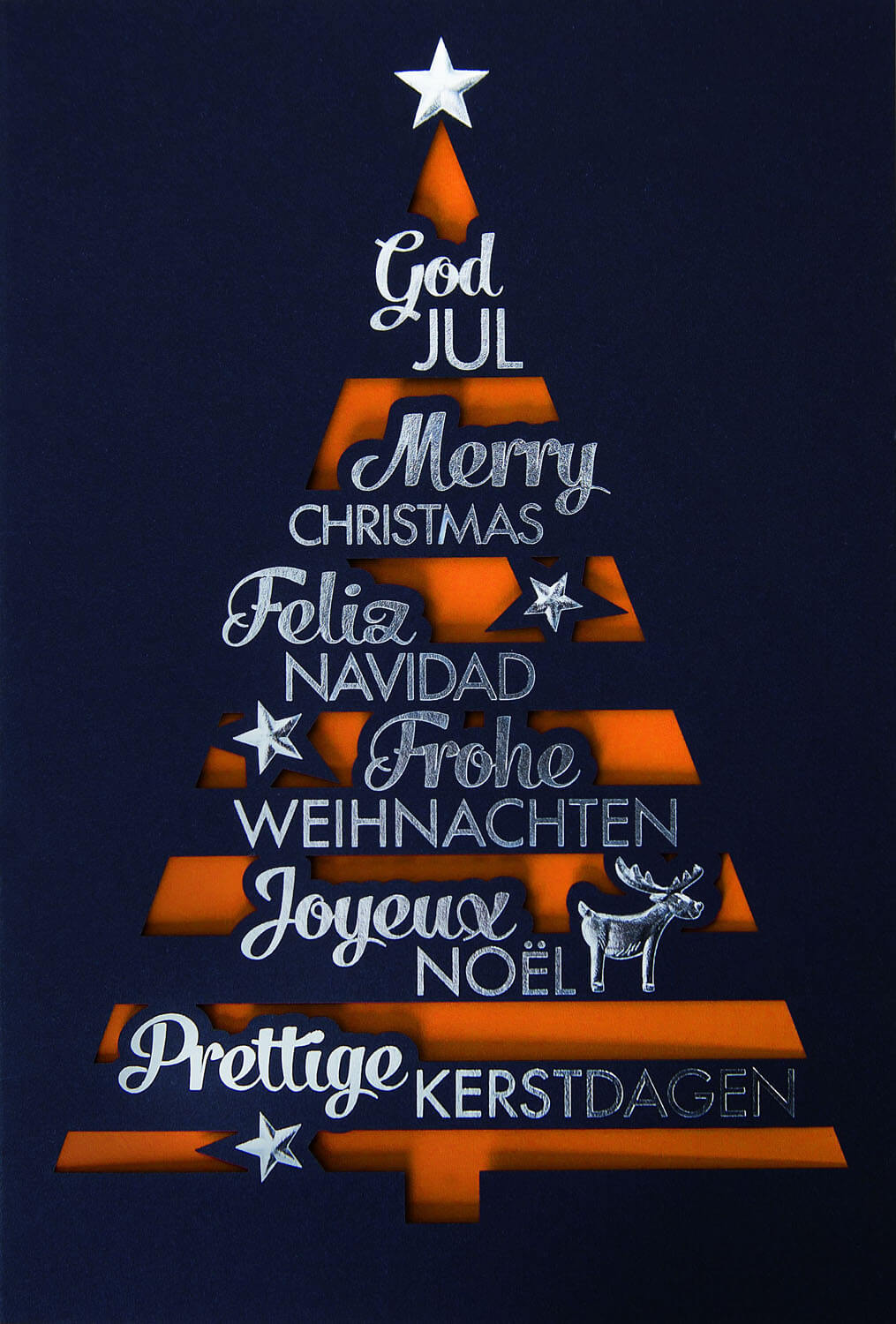 Weihnachtskarte mit Weihnachtsbaum und internationalen Weihnachtsgrüßen - Einleger orange