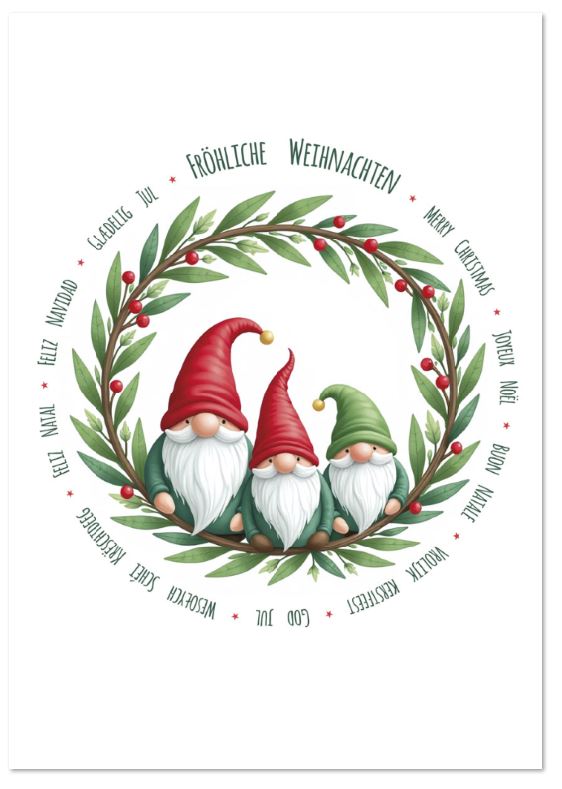 Fröhliche Spendenweihnachtskarte mit internationalen Grüßen und putzigen Zwergen zugunsten: Deutsche Kinderkrebs-Stiftung