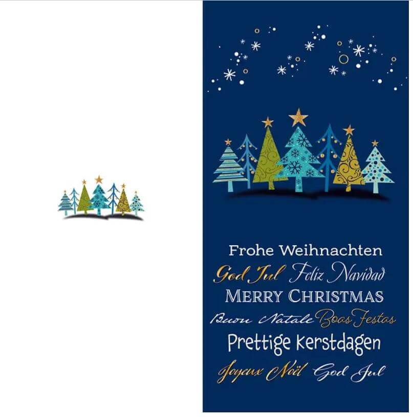 Mehrsprachige Weihnachtskarte im DIN lang Hochformat mit Tannenbäumen und Sternen