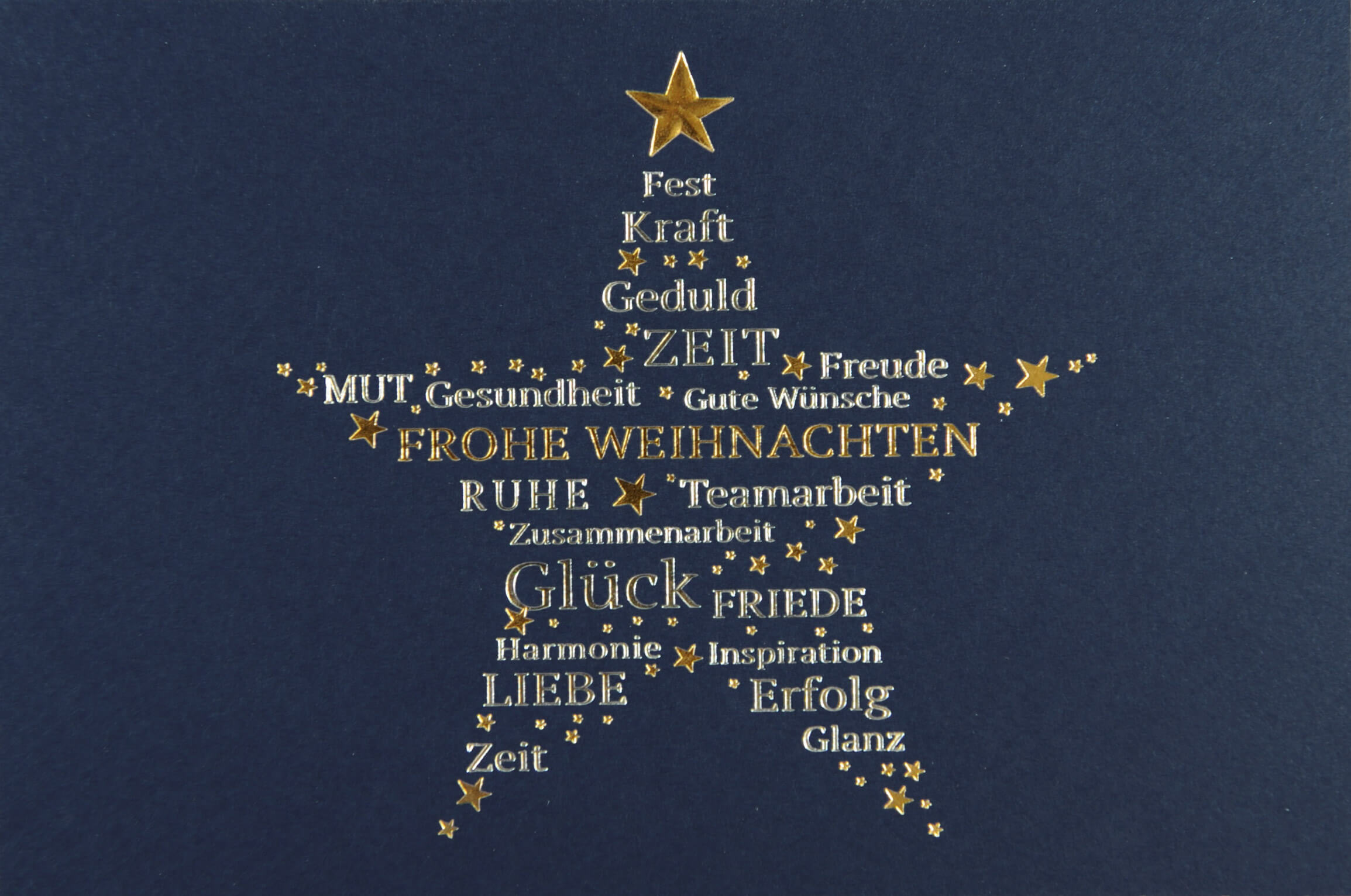 Dunkelblaue Firmenweihnachtskarte mit Stern und Weihnachtsgruß in silber und gold