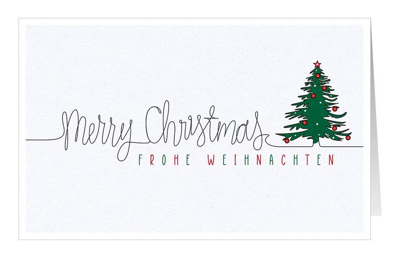 Weiße Weihnachtskarte mit deutsch-englischem Weihnachtsgruß und geschmücktem Baum