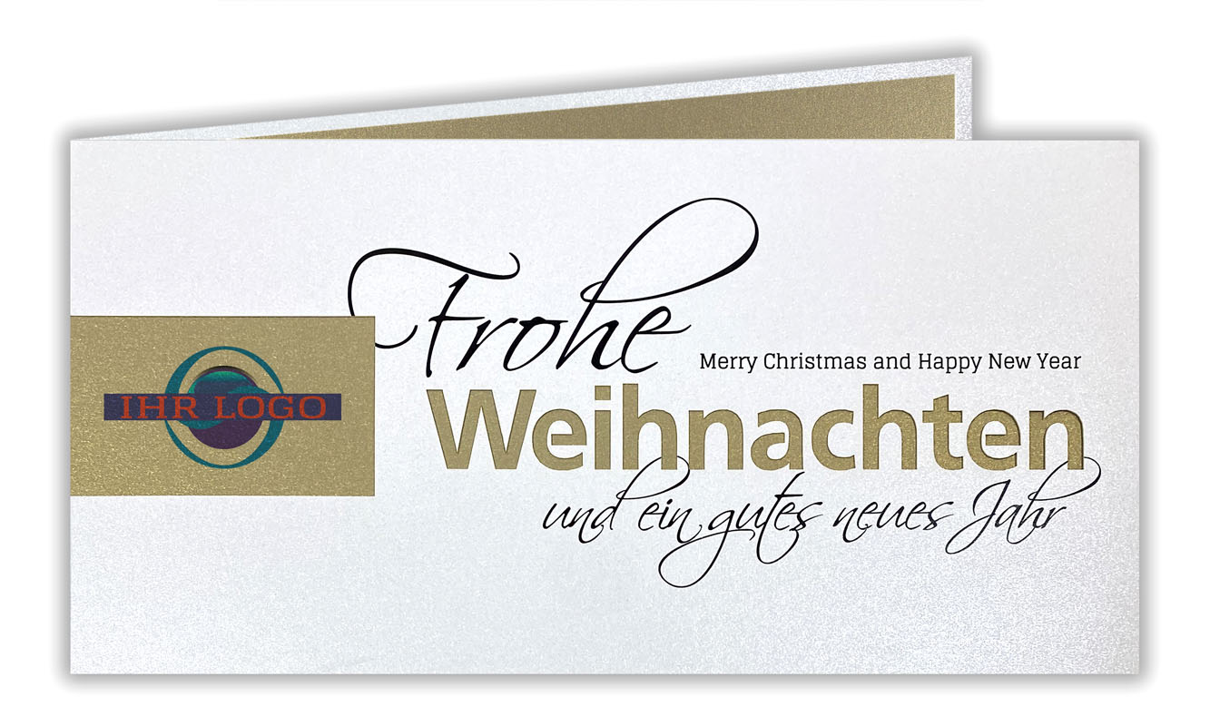 Firmen-Weihnachtskarte in weiß mit Fensterstanzung und deutsch-englischem Weihnachtsgruß, DIN lang