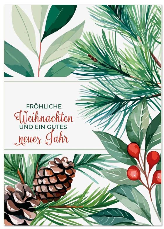 Florale Weihnachtskarte mit Zweigen, Tannenzapfen und Beeren sowie weihnachtlichen Grüßen