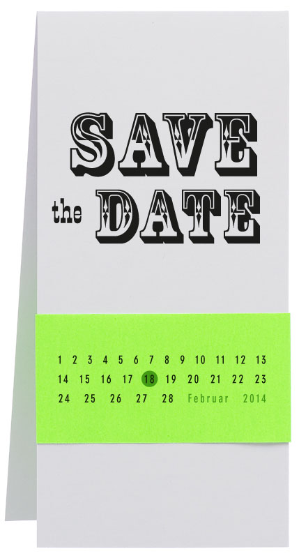 Blankokarte 21x10,5 cm weiß mit Banderole in neon-grün - Beispiel Save the Date