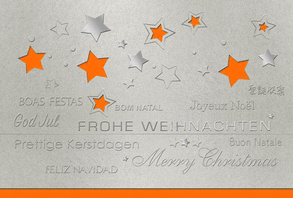 Internationale Weihnachtskarte mit Prägung und Stanzung von Sternen, Einlegelblatt orange