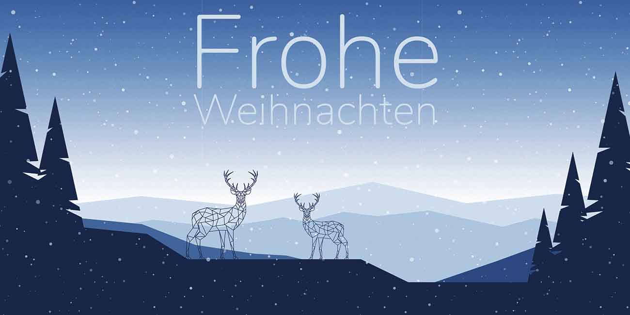 Blaue Weihnachtskarte mit geometrischen Hirschen und Gruß "Frohe Weihnachten"