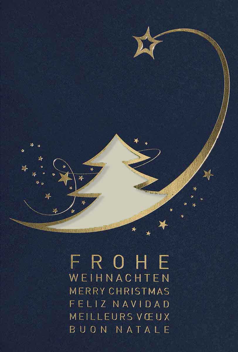 Internationale Stanz-Weihnachtskartein blau mit goldenen Sternen und weißem Einlegeblatt