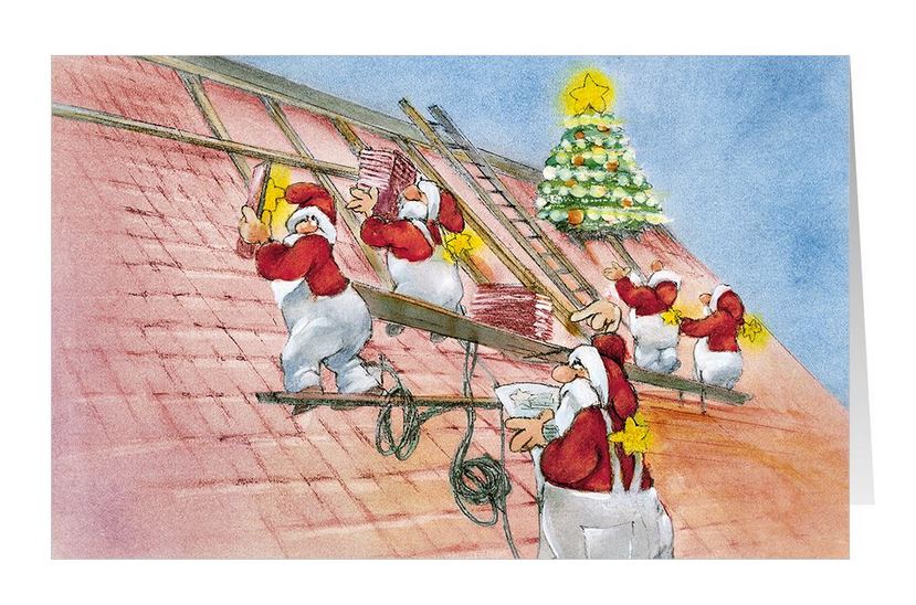 Humorvolle Weihnachtskarte für Dachdeckerbetriebe und Zimmerei mit Weihnachtsmänner auf einem Dach