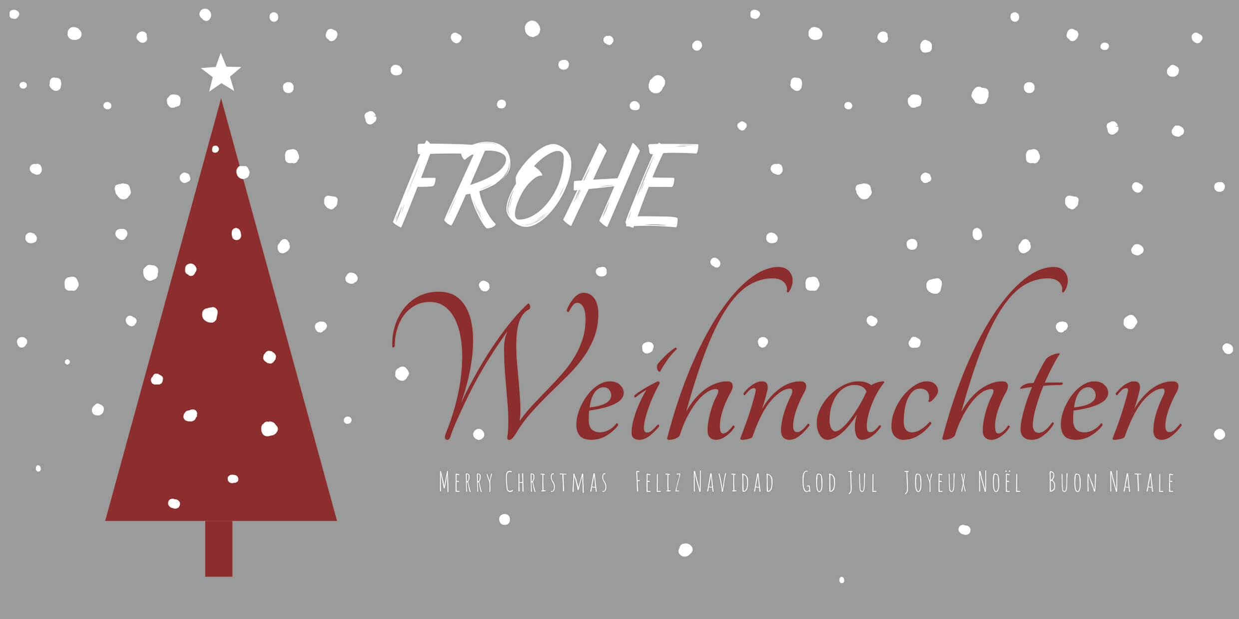 Internationale Weihnachtskarte in grau mit rotem Tannenbaum und Schneeflocken, DIN lang Format